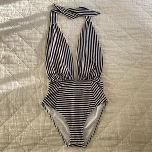 Striped One Piece Swimsuit - Black & White